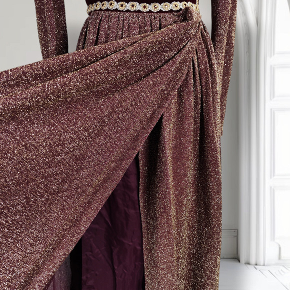 Vintage 70s Lurex Velvet Formal Dress Mock Neck Metallic Boho Holiday 0 - Picture 8 of 16